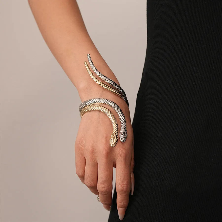 Exaggerated twisted winding simulated snake ring and bracelet set in gold electroplated metal