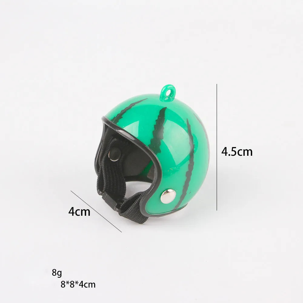 Small hard plastic pet helmet with elastic adjustment straps and sponge lining for chickens and birds