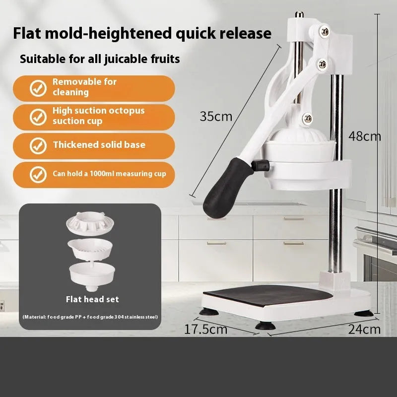 Manual stainless steel and nylon citrus juicer on a countertop, 480cm size with flat mould head.