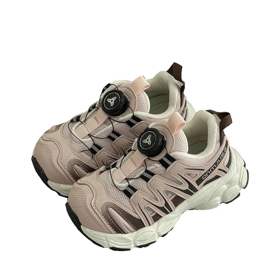 Pair of beige unisex casual shoes with PU leather mesh uppers on a plain background.