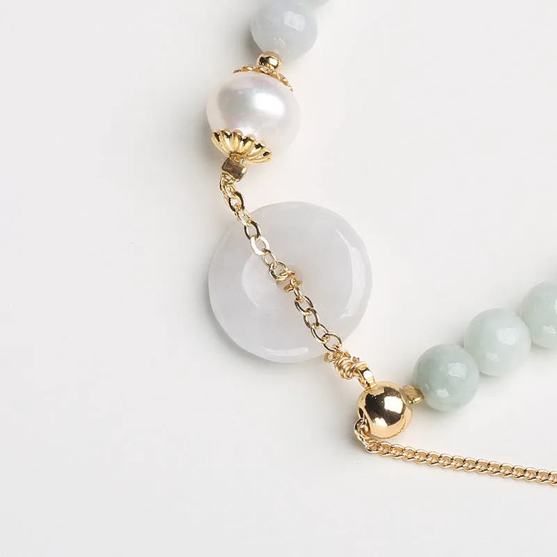 Jade green pearl bracelet with geometry shape pendant and manual processed emerald peace buckle clasp