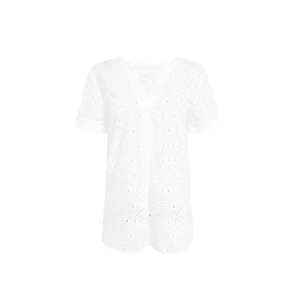 White women's V-neck T-shirt with lace hollow out design detail on the front, loose fit short sleeves.