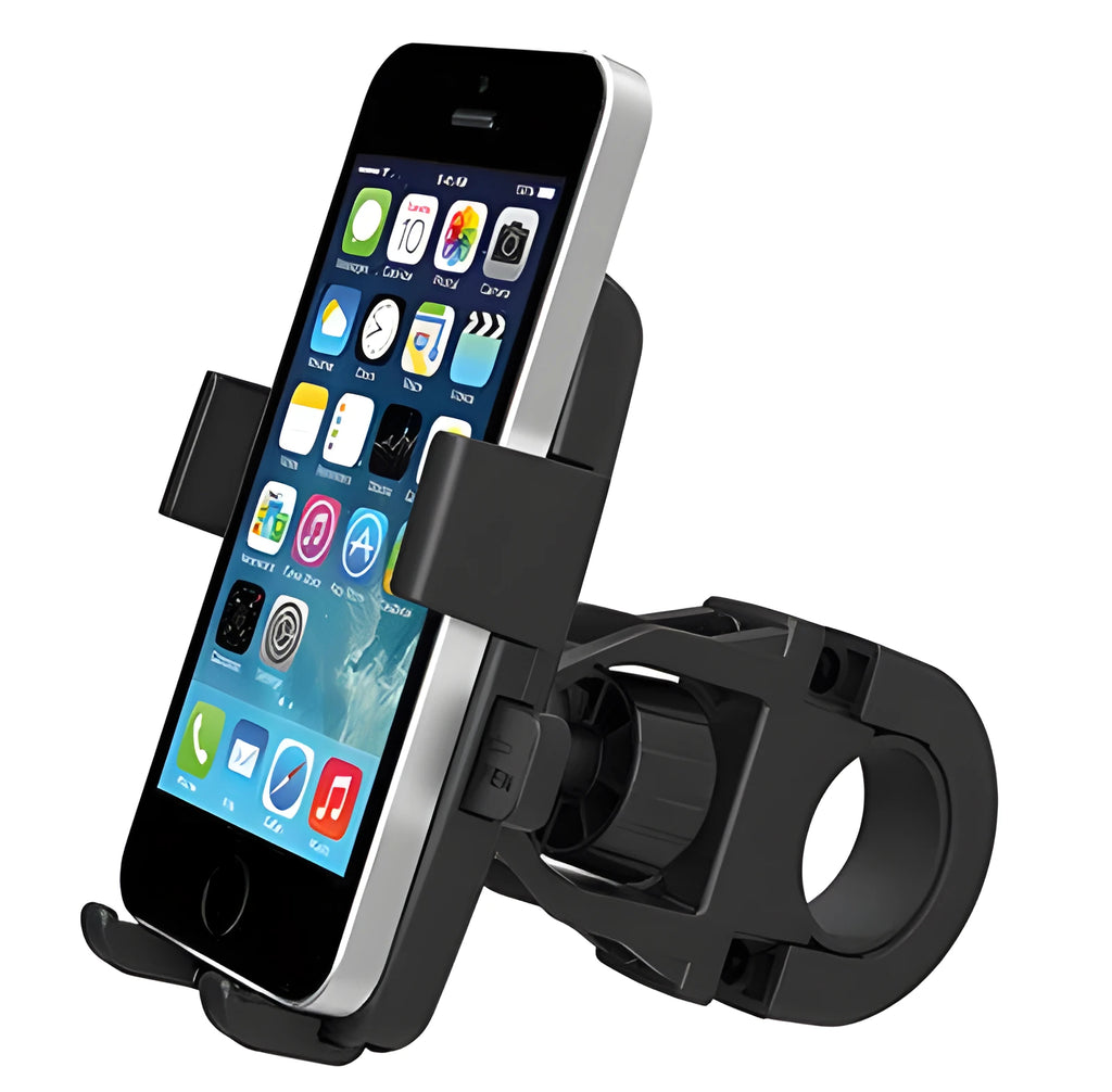 Black ABS plastic bicycle handlebar phone mount with a secondary safety strap for phones up to 5.3 inches.