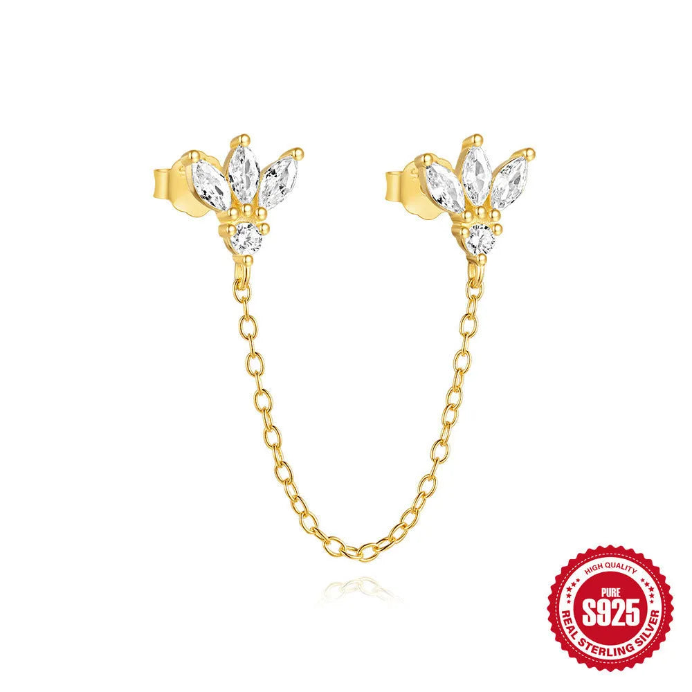 S925 sterling silver double ear piercings stud earrings with zircon inlaid chain in golden geometric designs