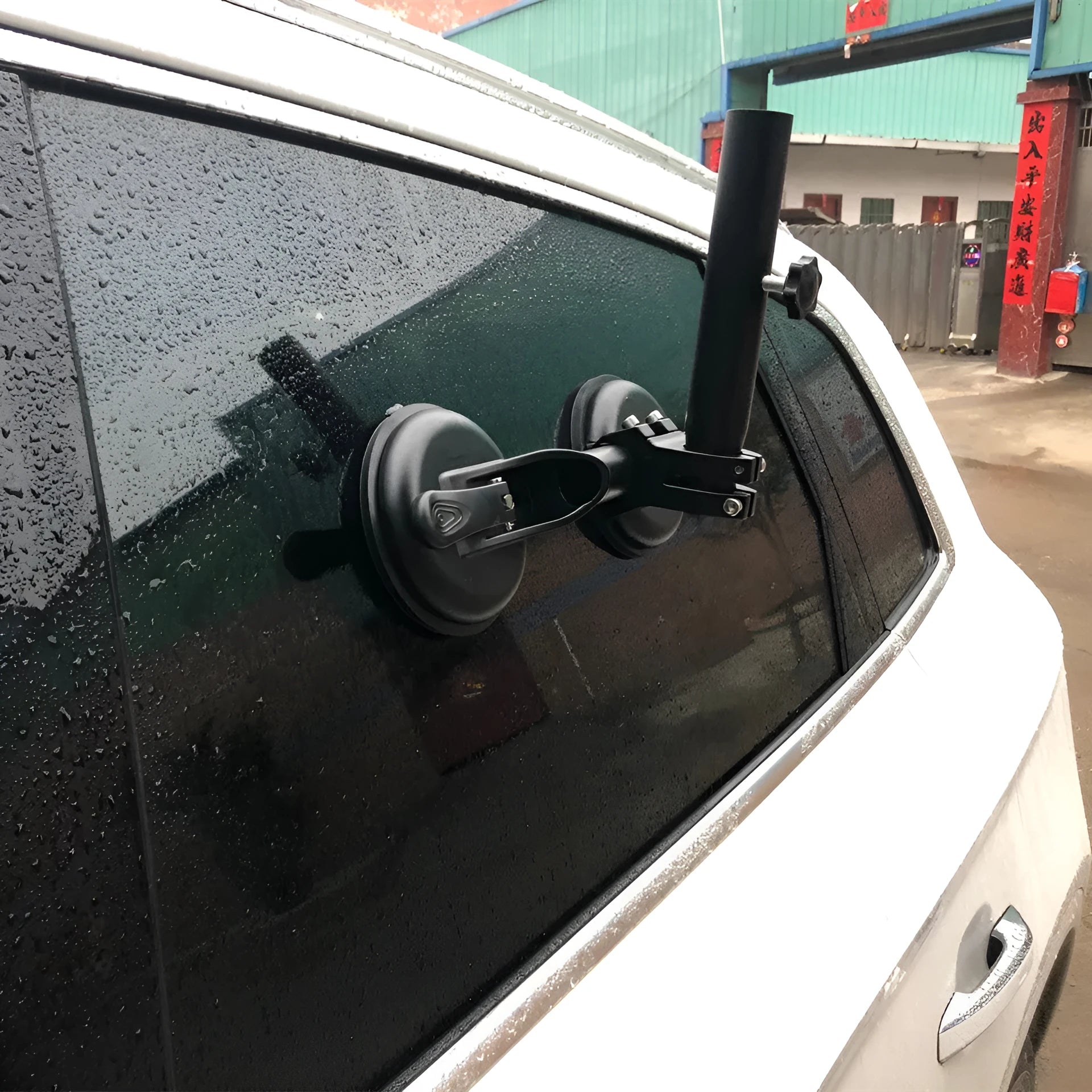 Black off-road car flagpole sucker base with ABS plastic disc and rubber glass attachment