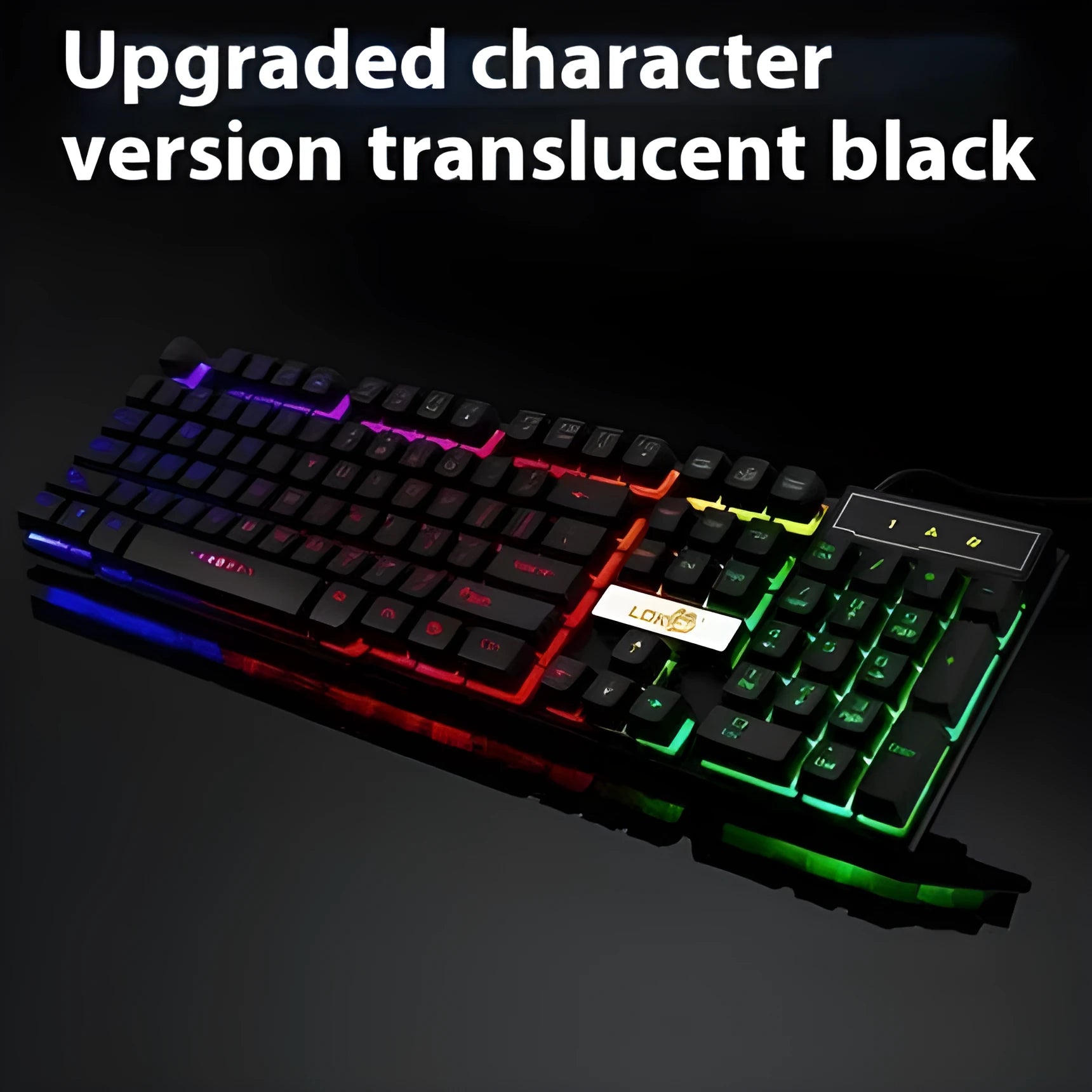 White and black gaming keyboard with glowing USB cable on a desktop