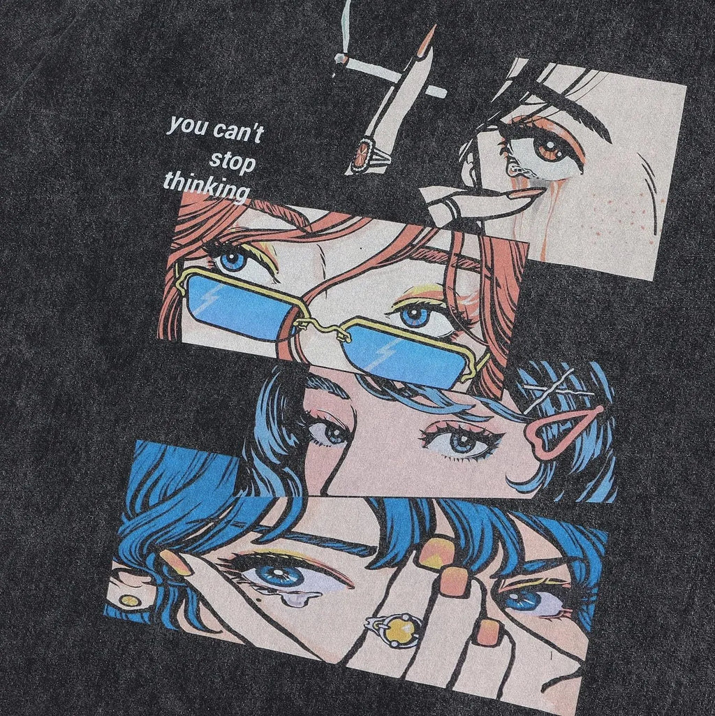 Retro style men's cotton T-shirt with cartoon digital print in loose streetwear fit