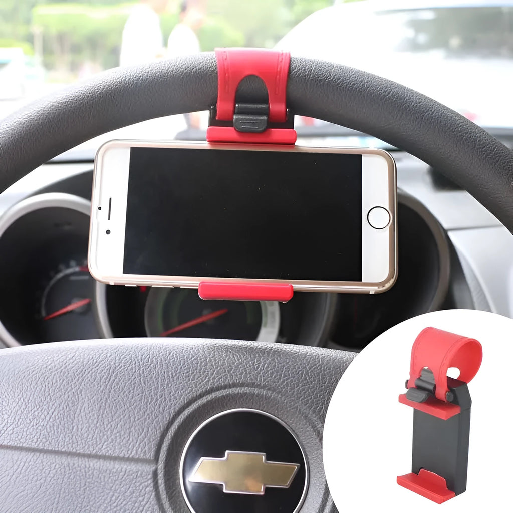 Black steering wheel phone clip mount holding smartphone for car navigation