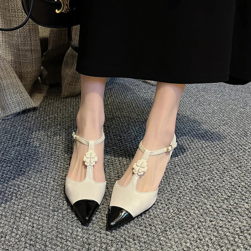 Women's flower stiletto heel pointed toe shoes in shallow mouth design with buckle details