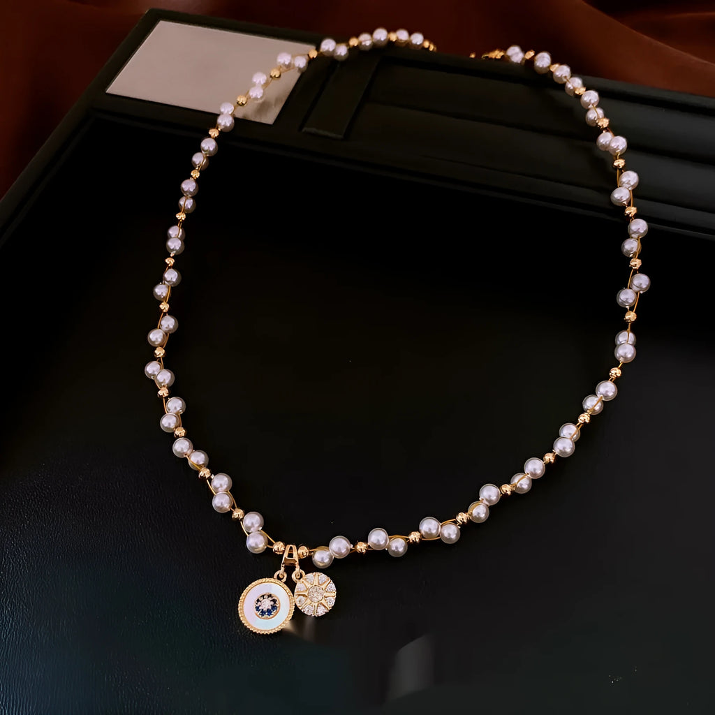 Golden white real gold electroplated zircon pearl round pendant necklace on clavicle chain