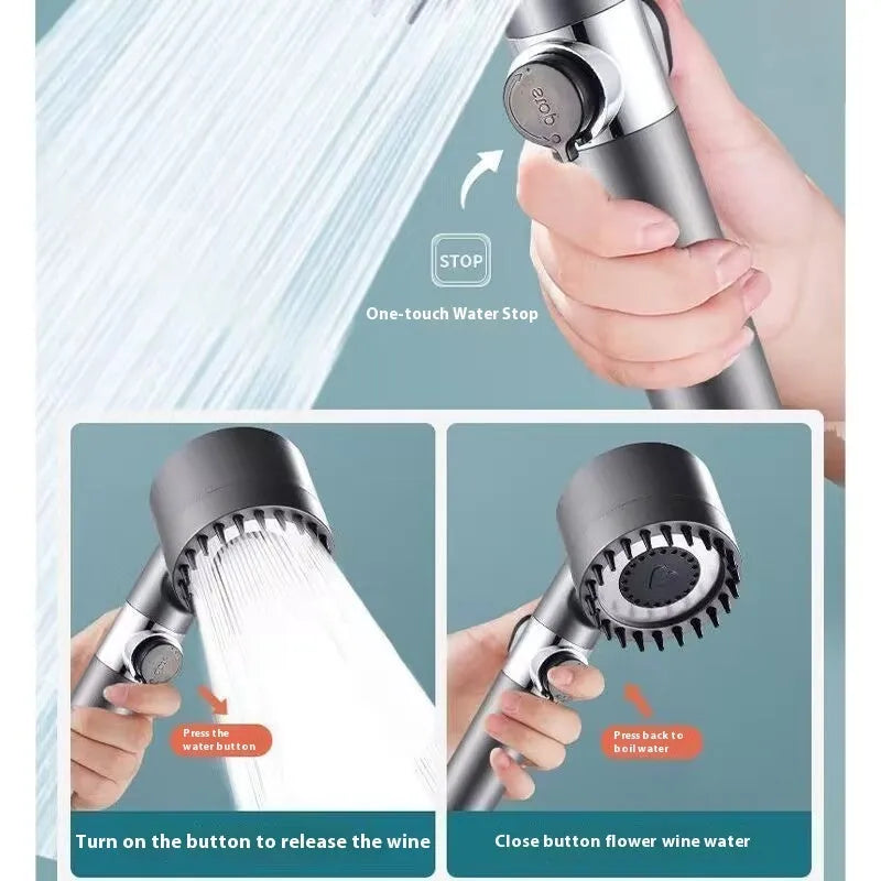 Portable white shower head with three water mode settings showing spray patterns