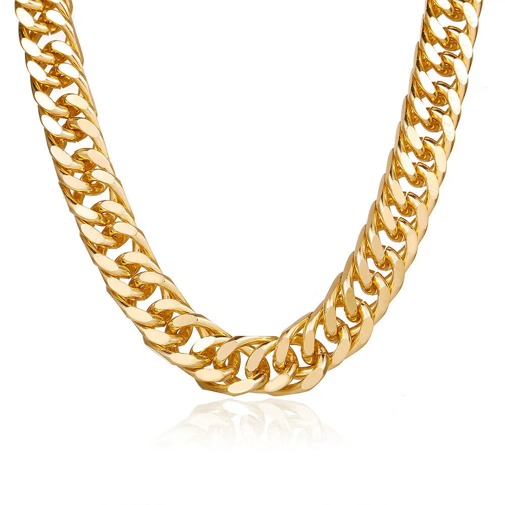 Women's thick gold electroplated chain necklace showing 6cm width links