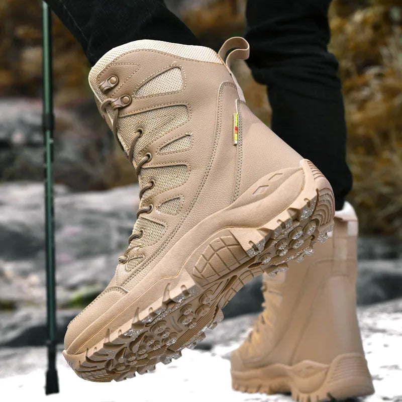 Beige cowhide leather hi-top hiking sneakers on a neutral background