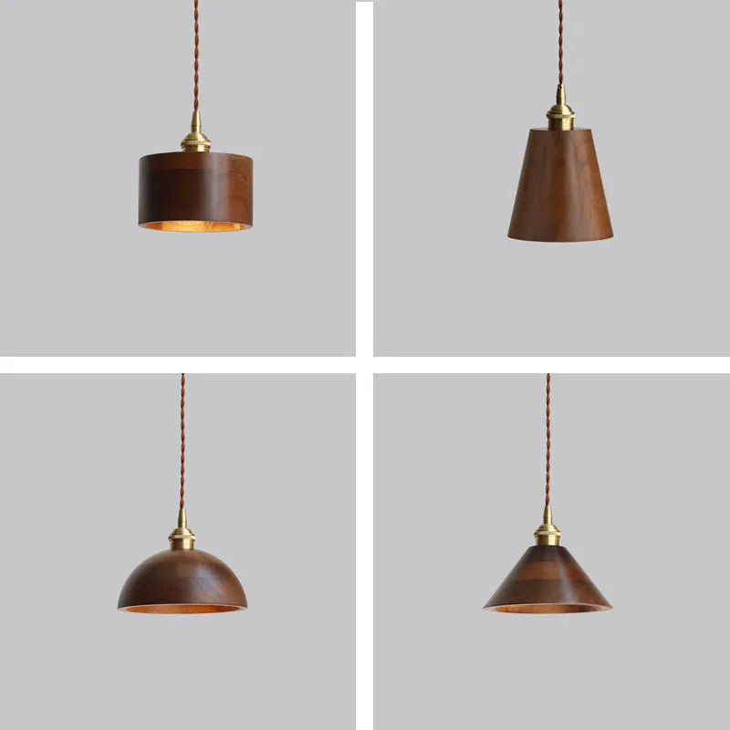 Single-head black walnut style droplight chandelier with copper wood art construction and E27 lamp holder.