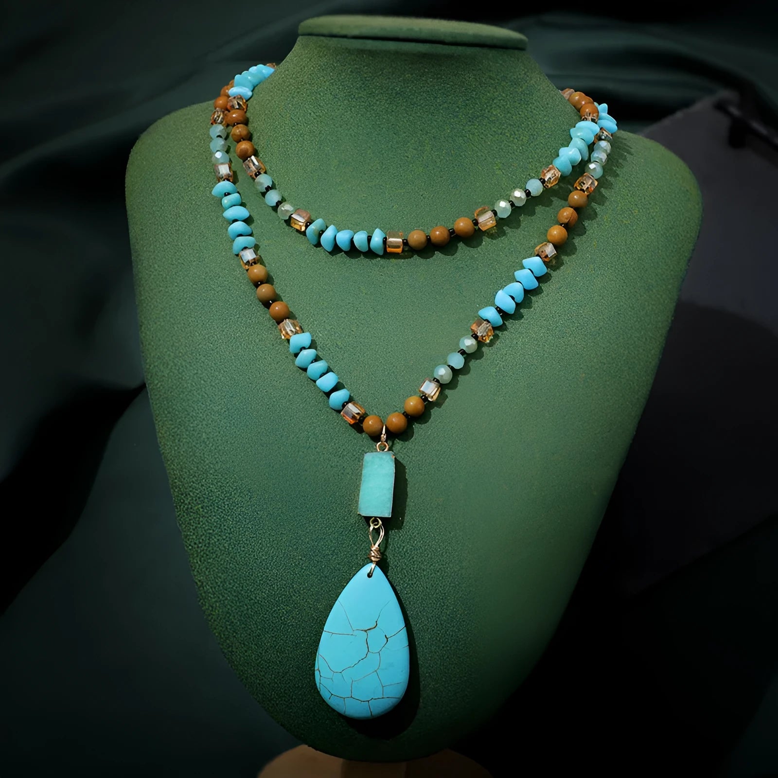 Blue turquoise heart-shaped drop pendant necklace on a long ball bead chain