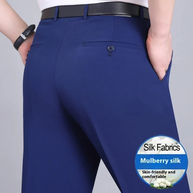 Men's mulberry silk blend business trousers in straight cut with high waist
