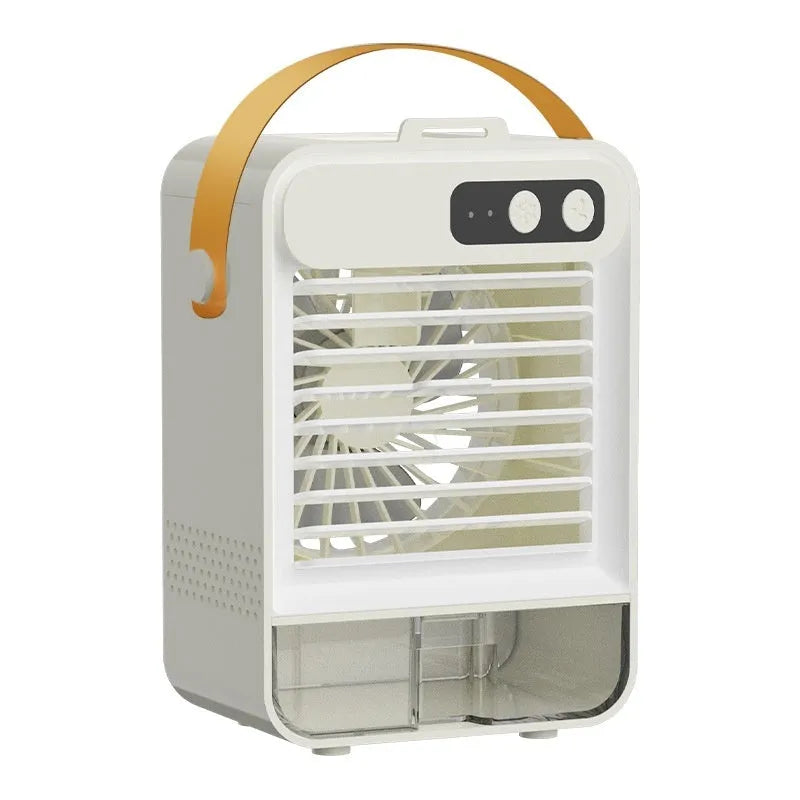 Dark green portable desktop fan with USB port and induction control on a wooden desk.