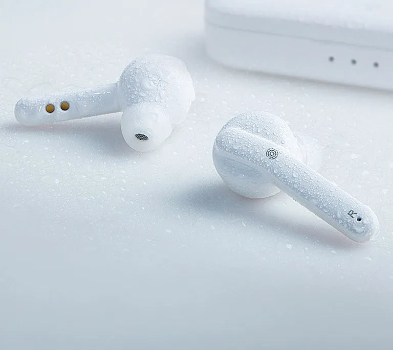 Black and white true wireless Bluetooth earbuds with IPX5 waterproof rating shown side by side.