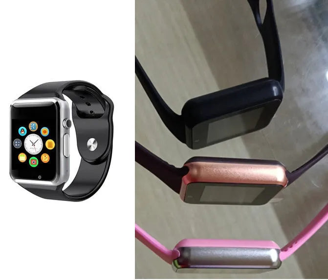 A1 Smart Watch with 1.54 inch touchscreen display showing interface, GSM SIM slot, and camera lens