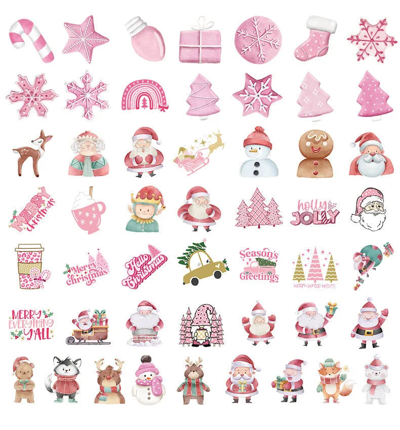 Pack of 50 cute Christmas themed waterproof stickers in sizes from 4cm to 8cm.