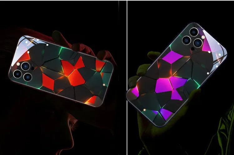Xpress 14 tempered glass iPhone case with illuminated notification light on a phone.