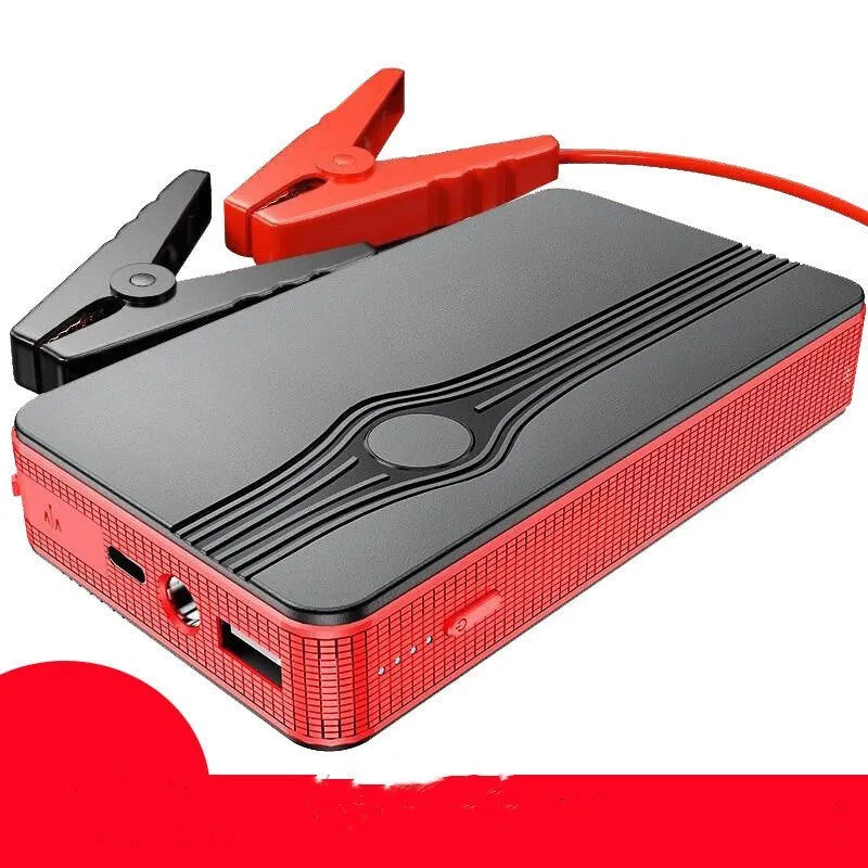Red K4-E automobile emergency jump starter and power bank with data cable, compact rectangular design