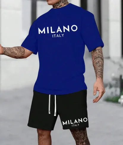 Round neck short sleeve polyester suit set with matching shorts in five colour options