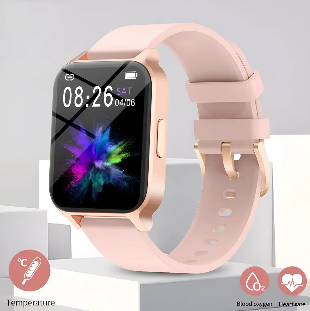 Smart colour screen watch showing health metrics on display, available with black or rose gold mesh and tape straps.