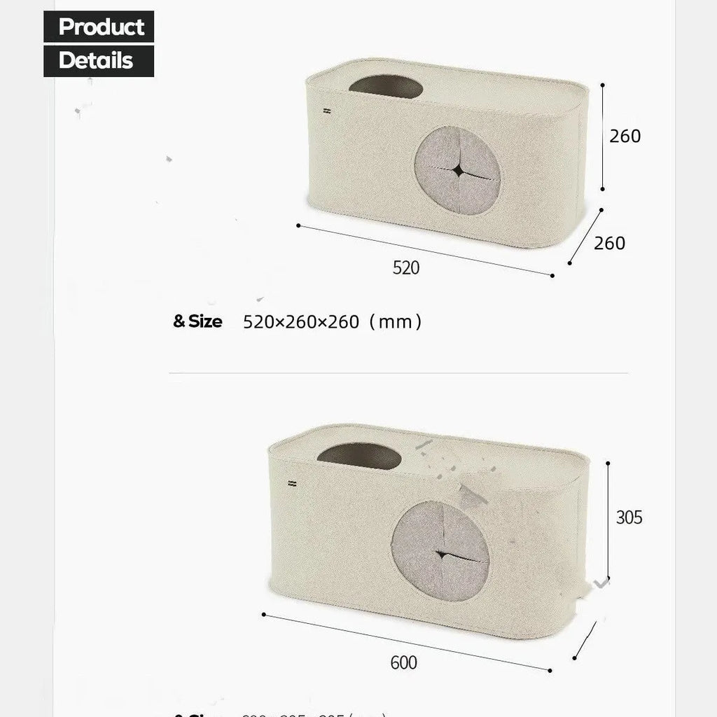 Khaki foldable felt cat bed showing its size next to a cat, with a second image showing it folded flat.