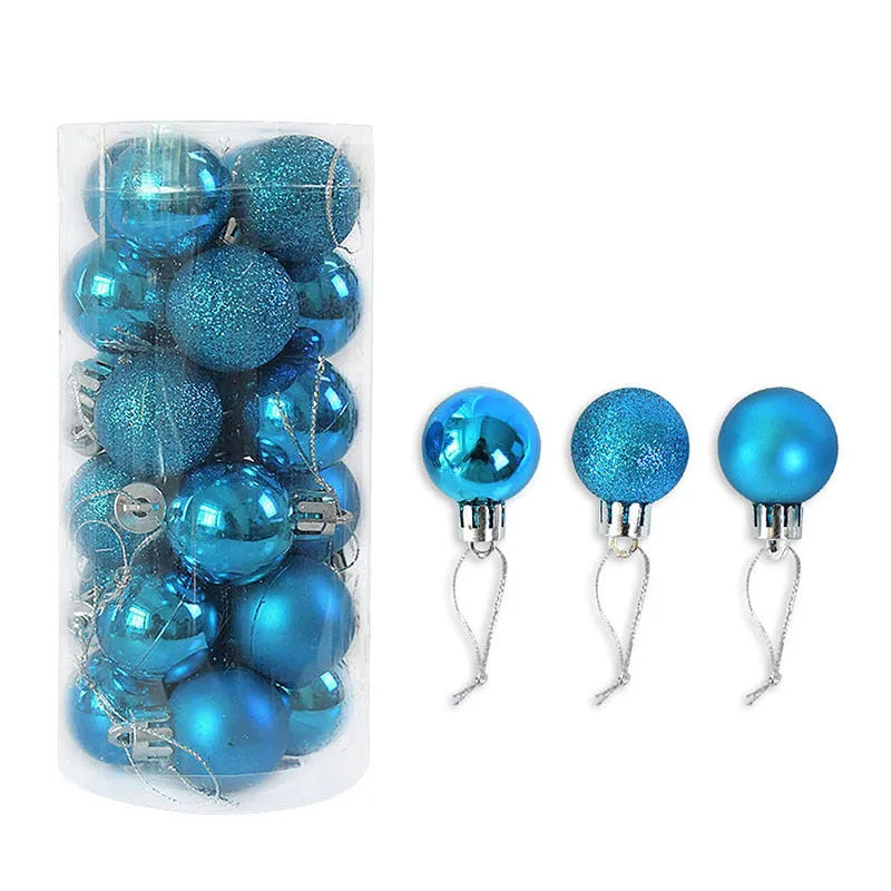 Assorted 3cm diameter electroplated plastic Christmas balls stored in a tall plastic barrel