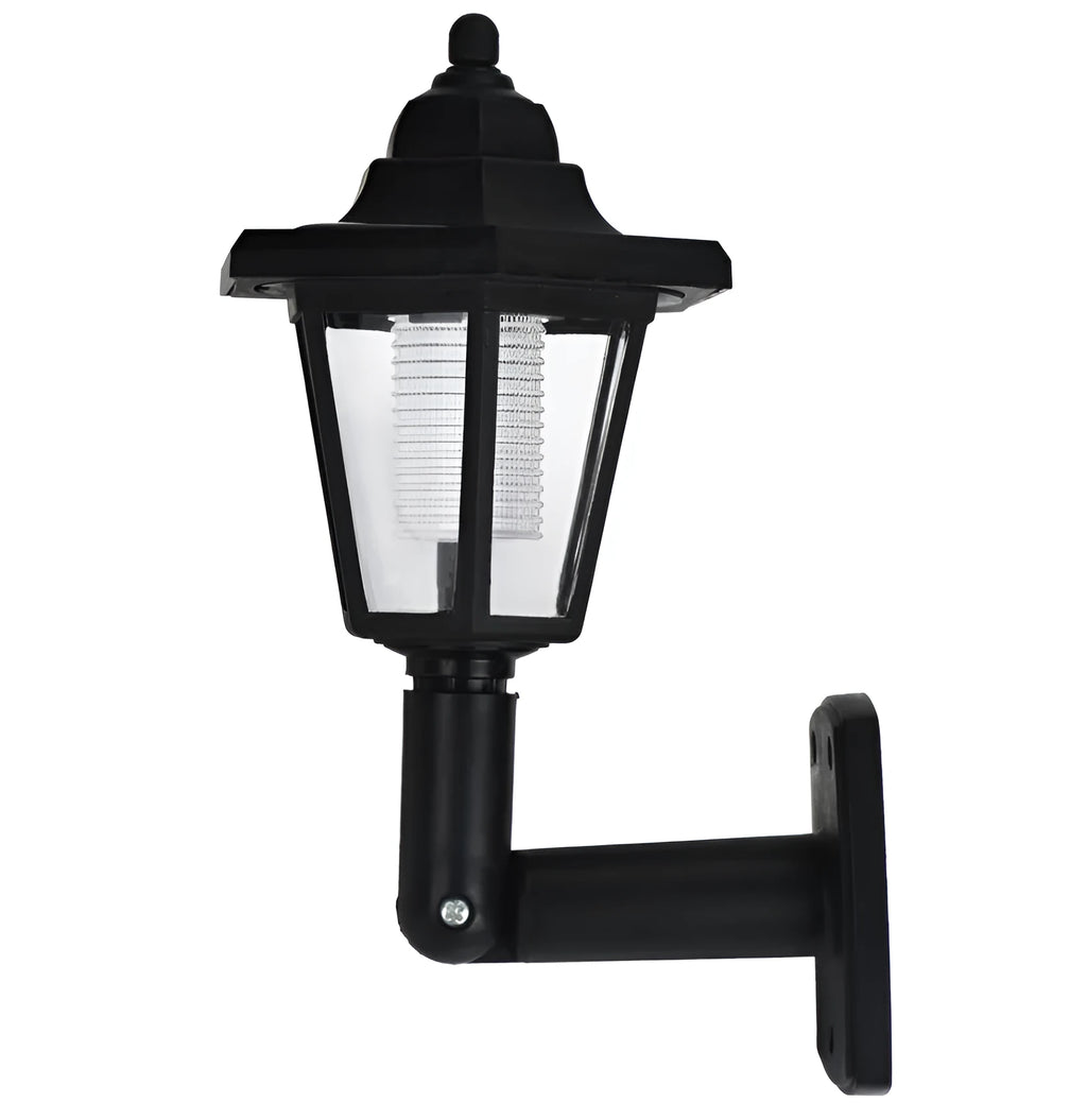 Black hexagonal solar-powered wall lamp with IP44 waterproof rating for outdoor garden lighting