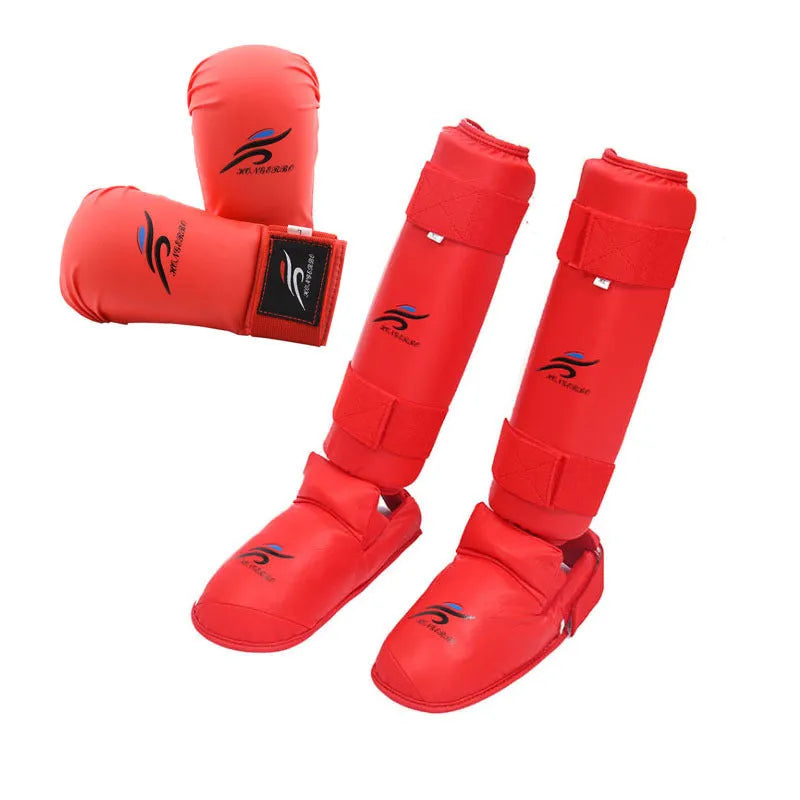 Karate taekwondo protective gear set with leg guard, helmet, boxing gloves in red or blue