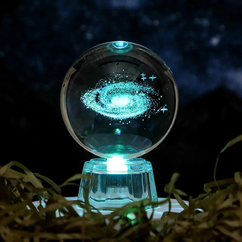 White crystal ball ornament with inner carving on fixed base for tabletop display