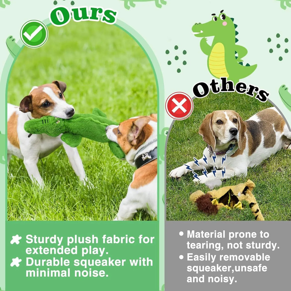 Green crocodile-shaped no-stuffing squeaky dog toy with crinkle paper tail