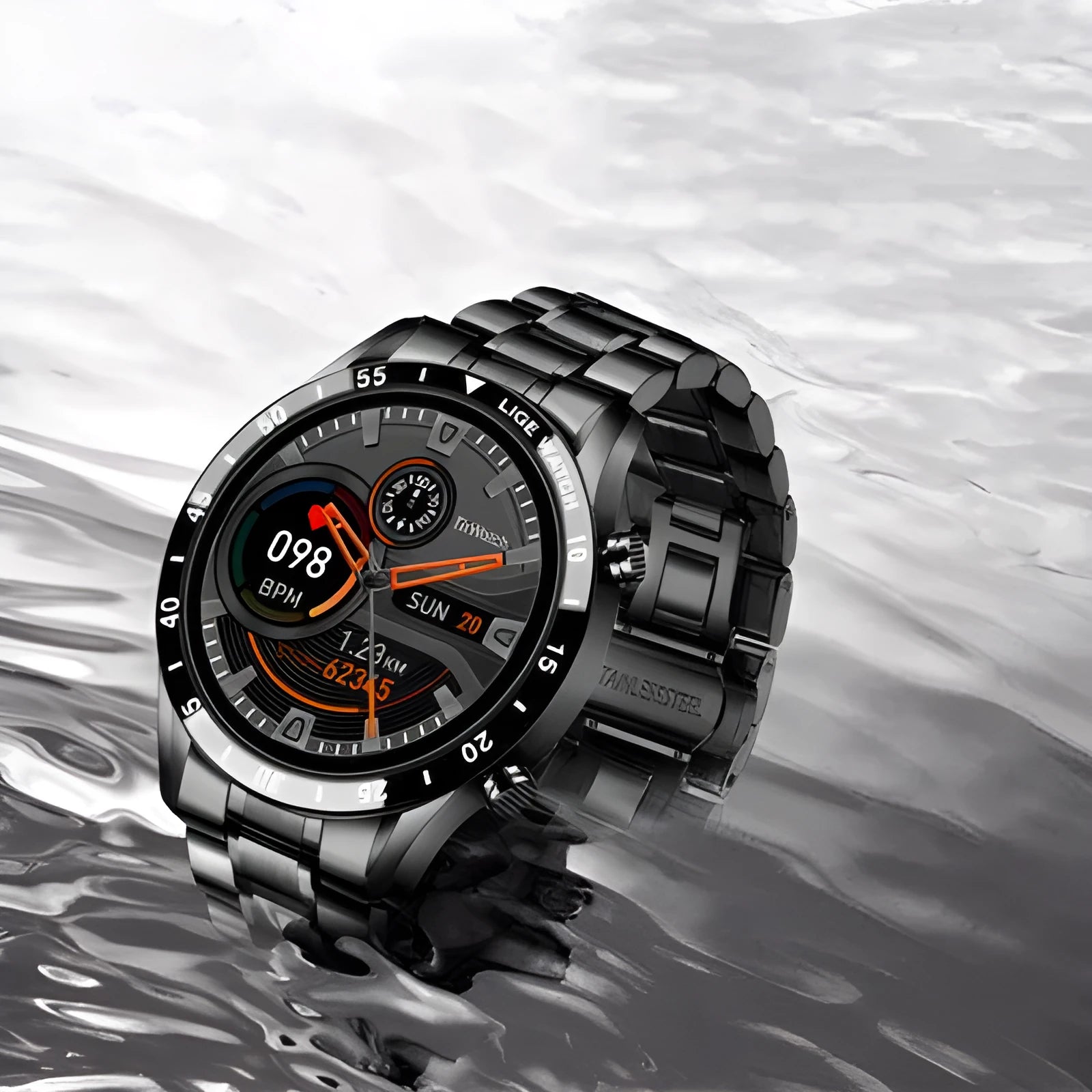 Smart watch with stainless steel wristband and 1.3 inch touchscreen display showing step counter
