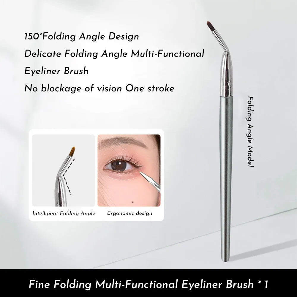 Angled bend head eyeliner brush for precise eye detail makeup and concealer application