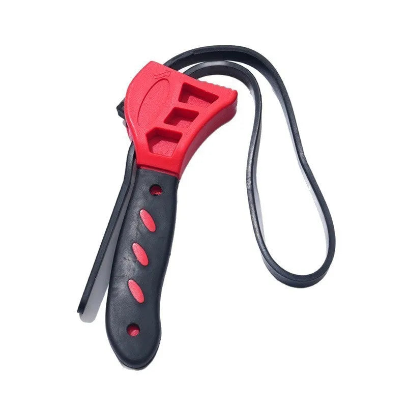 Two adjustable rubber strap wrenches, sizes 6 inch and 8 inch, with plastic handles and phosphated metal parts.