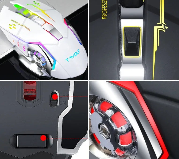 Black and white wireless computer mouse with USB-C charging port and six buttons