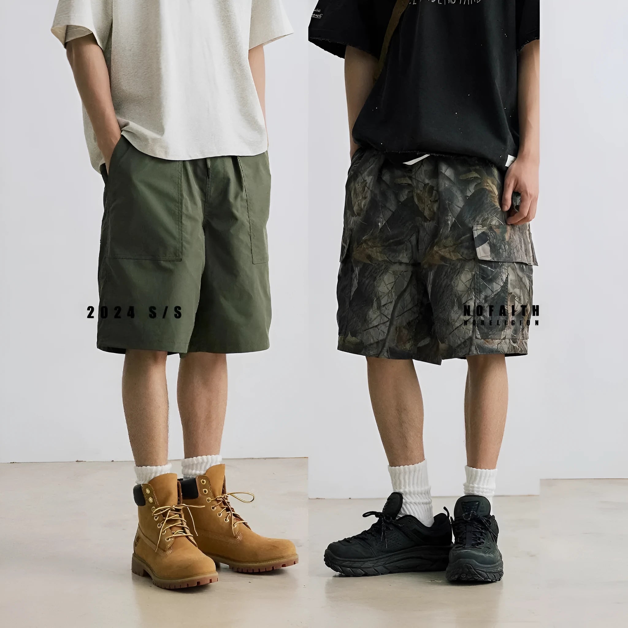 Loose straight-leg casual shorts in cotton denim, shown in army green colour.