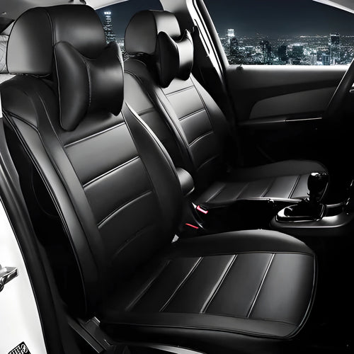 Cow leather car seat cover in beige and black colour variations with binding edges
