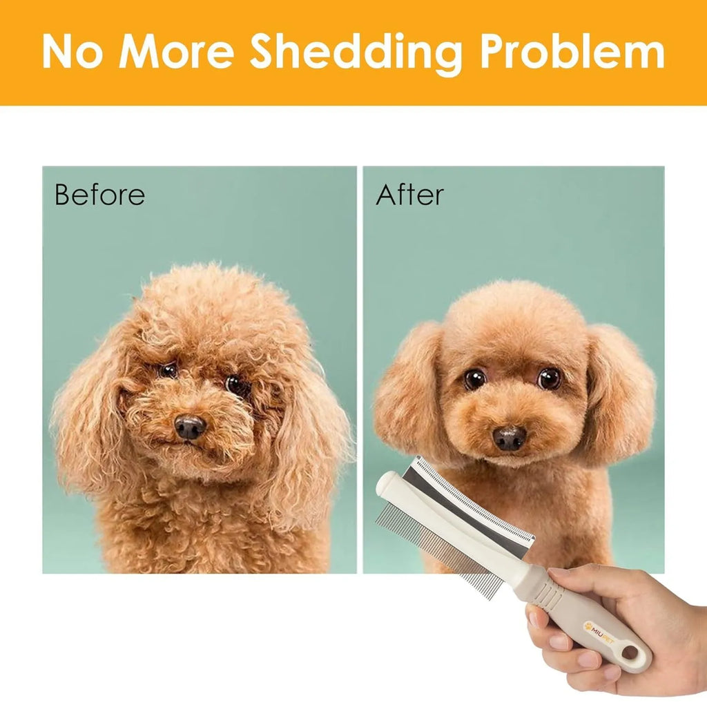 White double-sided pet deshedding brush and grooming comb with curved head and ergonomic handle.