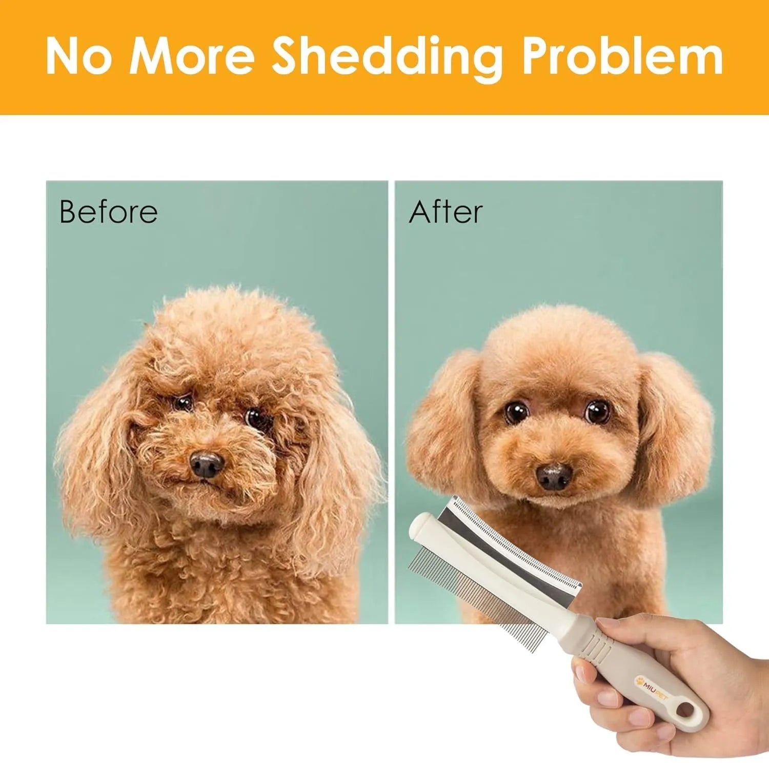 White double-sided pet deshedding brush and grooming comb with curved head and ergonomic handle.