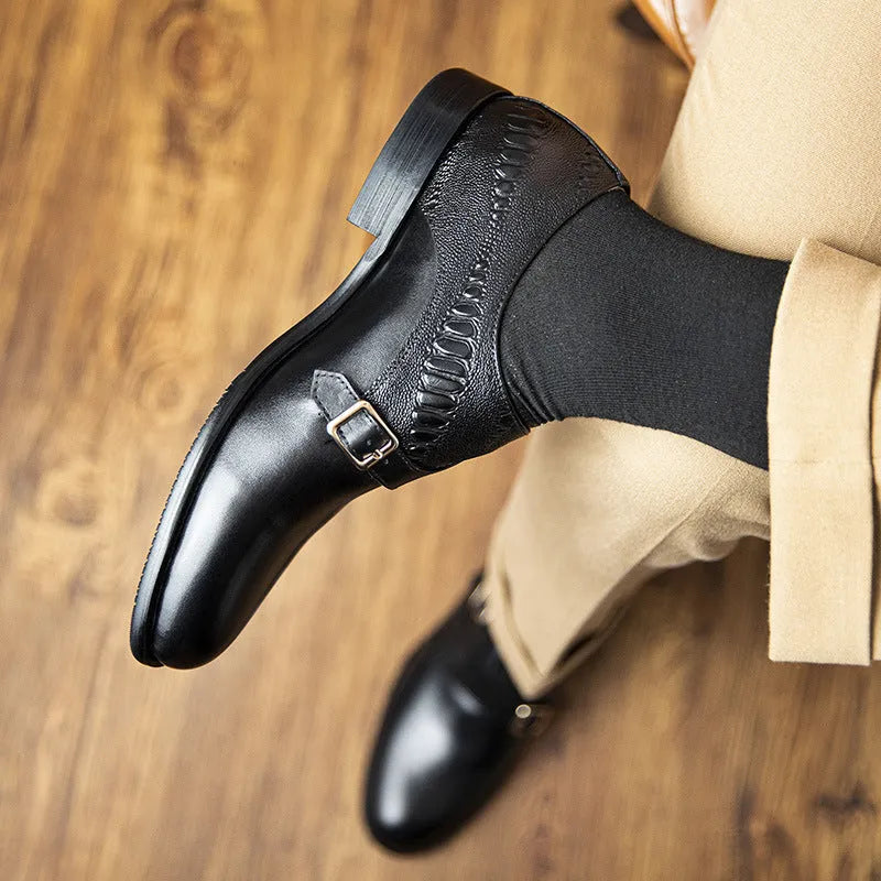 Men's first layer cowhide round toe double buckle retro business leather shoes in black