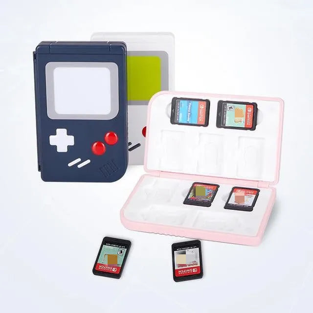 Nintendo Switch game card storage box in white, pink, or blue colours with zonsk-switch design