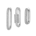 Three geometric square ear clips with micro inlaid zircon detailing in gold and white gold colours