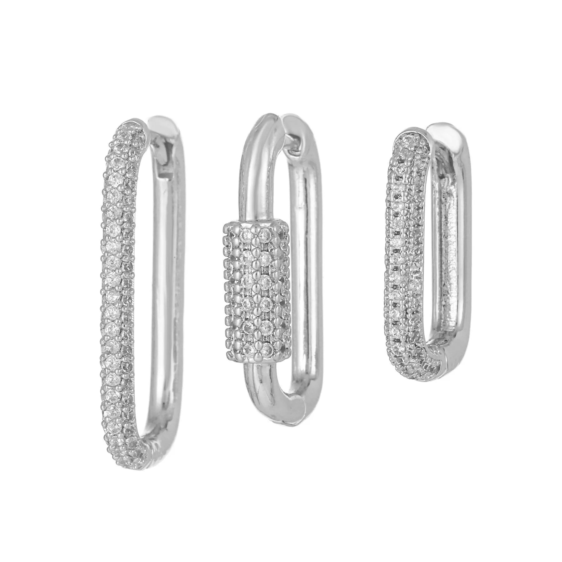Three geometric square ear clips with micro inlaid zircon detailing in gold and white gold colours