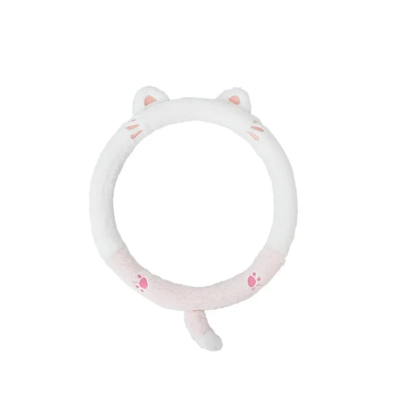 Plush car steering wheel cover with embroidered animal design for winter thermal insulation
