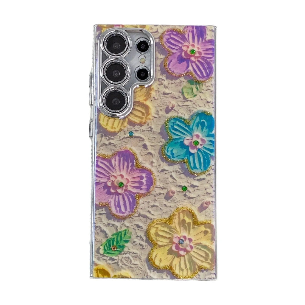 Luxury rhinestone oil painting flower phone case for Samsung with electroplating finish in blue on white background pattern