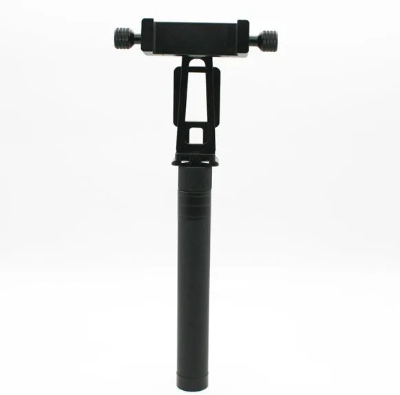 Black aluminium retractable selfie stick extended to full length with phone attached, showing included tripod stand and wireless remote.