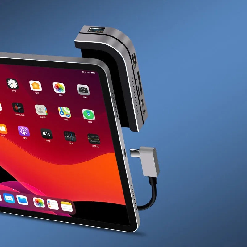Silver aluminium USB-C docking station for iPad Pro with HDMI port and SD card reader